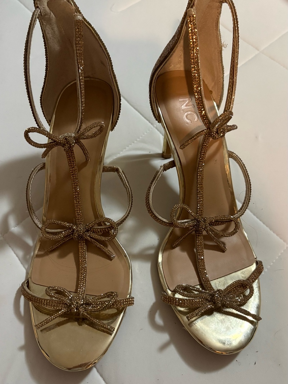 Gold Strappy Bow High Heel Sandals - Women